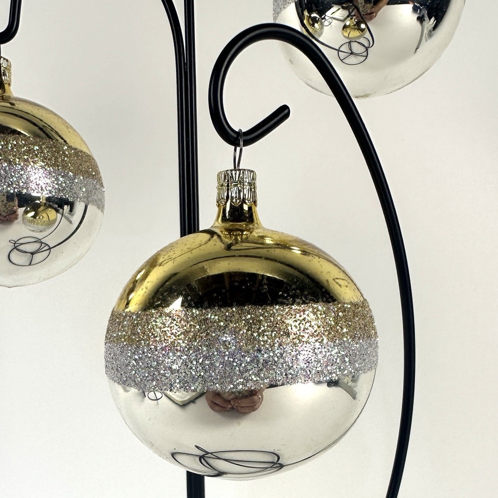 Vintage Ornaments Gold Silver Glitter stripe Lot of 3 Czechoslovakia 1950s